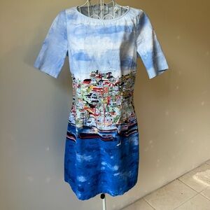 Rafaella Weekend Coastal Print Sheath Dress Seascape watercolor 8 Cotton novelty